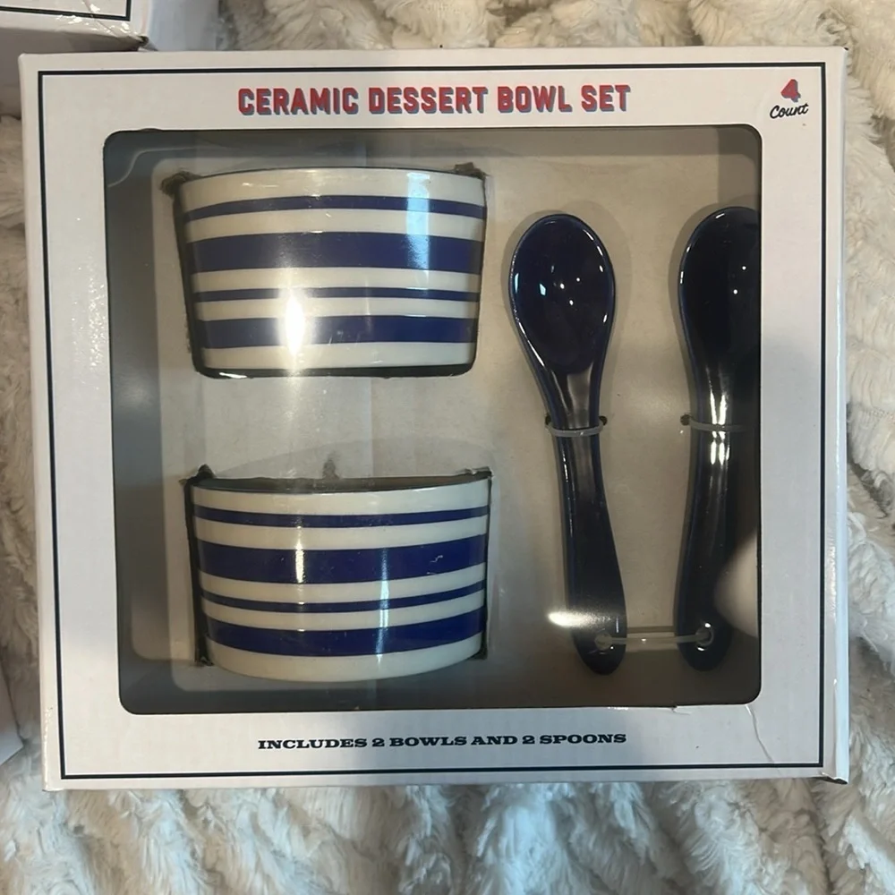 Ceramic Dessert Bowl Set with Spoons Nantucket Blue Stripes New in box